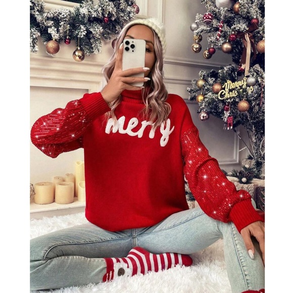 Christmas Red Turtleneck Sweater with Sequin Sleeves - Picture 2 of 8
